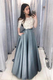 2 Pieces Long Lace Satin A-Line Elegant Prom Dresses For
