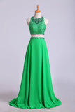 Two Pieces Scoop A Line Prom Dresses Backless Sweep Train With