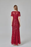 Elegant Mermaid Burgundy Tulle Prom Dresses Round Neck Long Evening Dresses STA15176