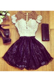 A Line Scoop Short Sleeves Lace Homecoming Dresses With