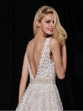 Elegant A-Line Tulle V-Neck V-Back Appliques Beads Ivory Cheap Prom Dresses