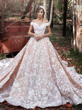 2024 A-Line Off the Shoulder Ball Gown Court Train Tulle Appliques Wedding Dresses
