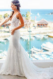 Elegant Mermaid Lace V-neck Court Train Ivory Sleeveless Beach Wedding Dresses