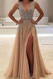 2024 A-line V-neck Nude Tulle with Slit Sexy Shinny Rhinestone Long Prom Dresses