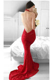 Glamorous Mermaid Red Lace Halter Evening Dress Backless Sleeveless Prom Dresses