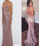 Elegant Mermaid Pink Simple Sexy Spaghetti Straps Sequin V Neck Backless Prom Dresses