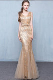 Golden Sequins V-Neck Mermaid Elegant Tulle Sleeveless Prom Dresses with Sash Bowknot