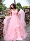 A-Line/Princess Tulle Ruched Sleeveless Sweep/Brush Train V-neck Dresses TPP0001778