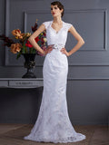 Trumpet/Mermaid Sleeveless Applique Long Satin Wedding Dresses TPP0006735
