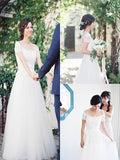 A-Line/Princess Bateau Short Sleeves Tulle Sweep/Brush Train Wedding Dresses TPP0006723