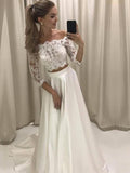A-Line/Princess Off-the-Shoulder 3/4 Sleeves Sweep/Brush Train Lace Satin Wedding Dresses TPP0006730