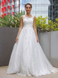 A-Line/Princess Sleeveless Tulle Lace Scoop Sweep/Brush Train Wedding Dresses TPP0006006