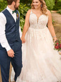 A-Line/Princess Spaghetti Straps Floor-Length Applique Sleeveless Tulle Plus Size Wedding Dresses TPP0006787