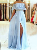 A-Line/Princess Sleeveless Off-the-Shoulder Floor-Length Beading Chiffon Dresses TPP0001717
