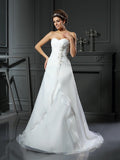 A-Line/Princess Sweetheart Ruched Sleeveless Long Satin Wedding Dresses TPP0006690