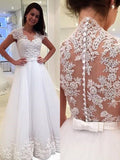 A-Line/Princess V-neck Sleeveless Floor-Length Applique Tulle Wedding Dresses TPP0006697