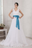 A-Line/Princess V-neck Sleeveless Applique Sash Long Organza Satin Wedding Dresses TPP0006788