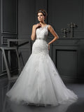 Sheath/Column Scoop Applique Sleeveless Long Net Wedding Dresses TPP0006779