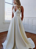 A-Line/Princess V-neck Stretch Crepe Ruffles Sleeveless Sweep/Brush Train Wedding Dresses TPP0005926