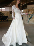 A-Line/Princess Long Sleeves Sweep/Brush Train V-neck Applique Satin Wedding Dresses TPP0005999