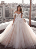 Ball Gown Tulle Off-the-Shoulder Sleeveless Applique Sweep/Brush Train Wedding Dresses TPP0006765