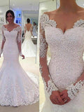 Trumpet/Mermaid V-neck Long Sleeves Lace Court Train Tulle Wedding Dresses TPP0006022