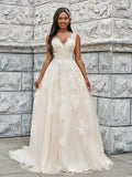 A-Line/Princess Tulle Applique V-neck Sleeveless Sweep/Brush Train Wedding Dresses TPP0005901