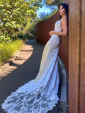 Trumpet/Mermaid Elastic Woven Satin Spaghetti Straps Lace Sleeveless Court Train Wedding Dresses TPP0006528