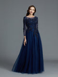 A-Line/Princess Long Sleeves Scoop Beading Floor-Length Tulle Mother of the Bride Dresses TPP0007069