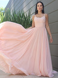 A-Line/Princess Chiffon Lace Spaghetti Straps Sleeveless Sweep/Brush Train Bridesmaid Dresses TPP0005886