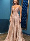 A-Line/Princess Sleeveless Spaghetti Straps Floor-Length Sequins Dresses TPP0001762