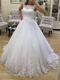 Ball Gown Tulle Applique Scoop Sleeveless Court Train Wedding Dresses TPP0006729