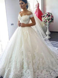 Ball Gown Off-the-Shoulder Sleeveless Sweep/Brush Train Lace Tulle Wedding Dresses TPP0006032