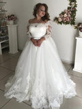 A-Line/Princess Off-the-Shoulder Long Sleeves Sweep/Brush Train Lace Tulle Wedding Dresses TPP0005965