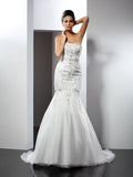 Trumpet/Mermaid Strapless Applique Sleeveless Long Satin Wedding Dresses TPP0006684
