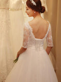Ball Gown Beading Tulle 1/2 Sleeves Off-the-Shoulder Chapel Train Wedding Dresses TPP0006722