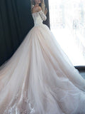 A-Line/Princess Off-the-Shoulder Long Sleeves Court Train Applique Tulle Wedding Dresses TPP0005949