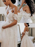 A-Line/Princess Sleeveless Tulle Off-the-Shoulder Applique Sweep/Brush Train Wedding Dresses TPP0006756