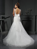 Sheath/Column Scoop Applique Sleeveless Long Net Wedding Dresses TPP0006779