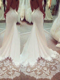 Trumpet/Mermaid Applique Satin Spaghetti Straps Sleeveless Court Train Wedding Dresses TPP0006088