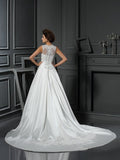 A-Line/Princess High Neck Applique Sleeveless Long Satin Wedding Dresses TPP0006700
