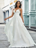 A-Line/Princess V-neck Organza Sleeveless Beading Sweep/Brush Train Wedding Dresses TPP0005998