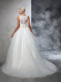 Ball Gown Bateau Applique Sleeveless Long Net Wedding Dresses TPP0006694