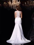 Trumpet/Mermaid High Neck Applique Sleeveless Long Satin Wedding Dresses TPP0006286