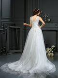 A-Line/Princess Scoop Applique Sleeveless Long Net Wedding Dresses TPP0006739