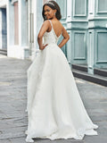 A-Line/Princess V-neck Organza Sleeveless Beading Sweep/Brush Train Wedding Dresses TPP0005998