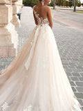 A-Line/Princess Tulle Scoop Applique Sleeveless Court Train Wedding Dresses TPP0006785