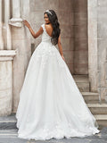 A-Line/Princess Tulle V-neck Applique Sleeveless Sweep/Brush Train Wedding Dresses TPP0005928