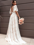A-Line/Princess Short Sleeves Lace V-neck Sash/Ribbon/Belt Sweep/Brush Train Wedding Dresses TPP0005888