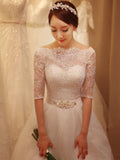 Ball Gown Beading Tulle 1/2 Sleeves Off-the-Shoulder Chapel Train Wedding Dresses TPP0006722
